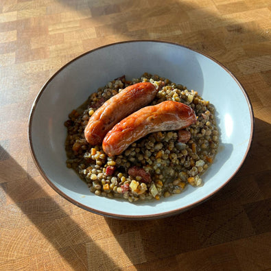 Bone Broth Braised Lentils and Sausages
