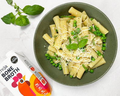 Chicken Bone Broth, Parmesan and Pea Pasta