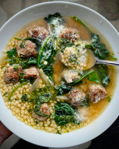 Meatball & Spinach Bone Broth Soup with Couscous & Salsa Verde