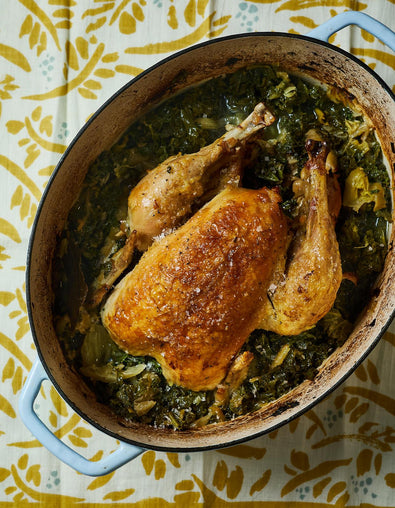 Pot Roast Chicken, Greens & Lemon with Bone Broth Recipe