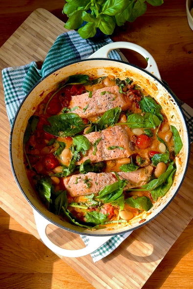 One Pan Tuscan Salmon with Butter Beans & Spinach