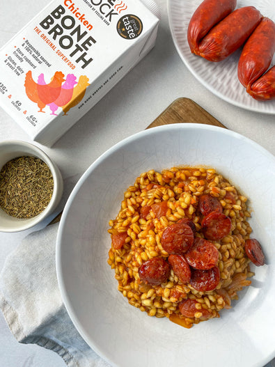 Chorizo, Pearl Barely Risotto with Bone Broth Recipe