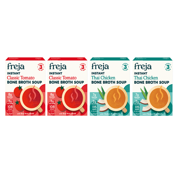 4 Pack of Instant Bone Broth Soup - Classic Tomato, and Thai Chicken