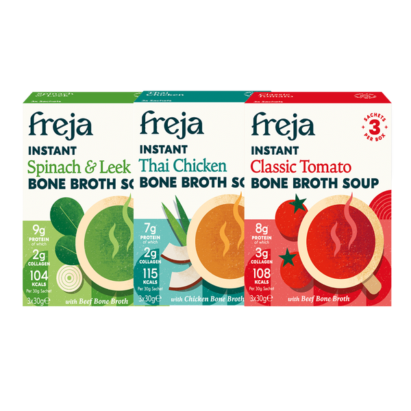 Best of Instant Bone Broth Soup - Spinach & Leek, Classic Tomato, and Thai Chicken