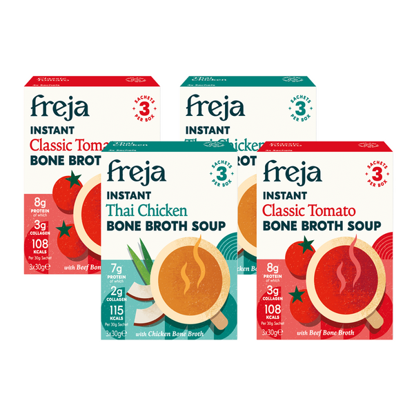 4 Pack of Instant Bone Broth Soup - Classic Tomato, and Thai Chicken